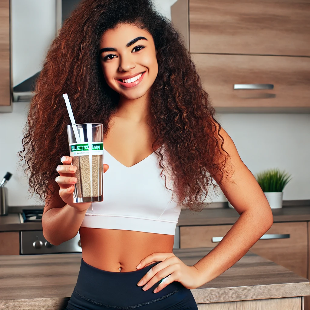 A young woman with long curly hair drinking a glass of ElectroSlim supplement in a modern kitchen. She is casually dressed in workout attire, smiling as she takes a sip.