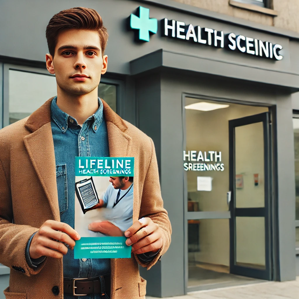 A person holding a Lifeline Screening brochure outside a medical clinic, with the clinic entrance in the background.