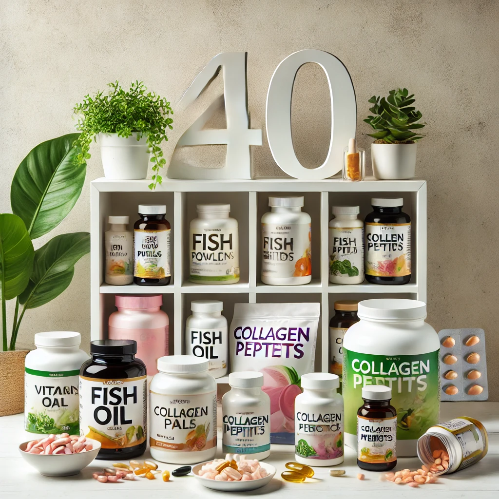 Variety of natural supplements for women over 40, including capsules, powders, fish oil, vitamins, and collagen peptides, on a clean countertop.