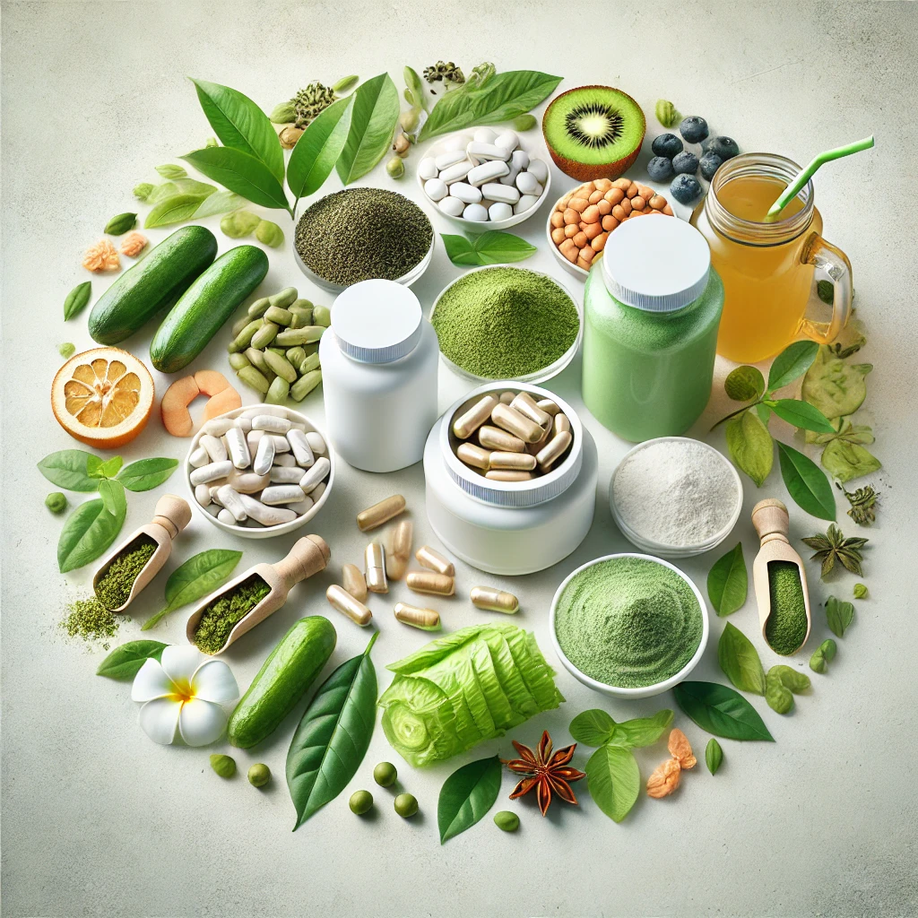 Assorted natural weight loss supplements with green tea, Garcinia Cambogia, and Chlorella, highlighting natural ingredients for effective wellness solutions.