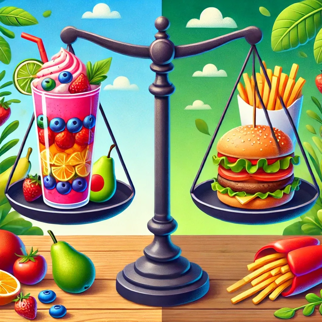 A scale balancing a smoothie with fruits and veggies on one side, and a fast food meal with a burger and fries on the other.