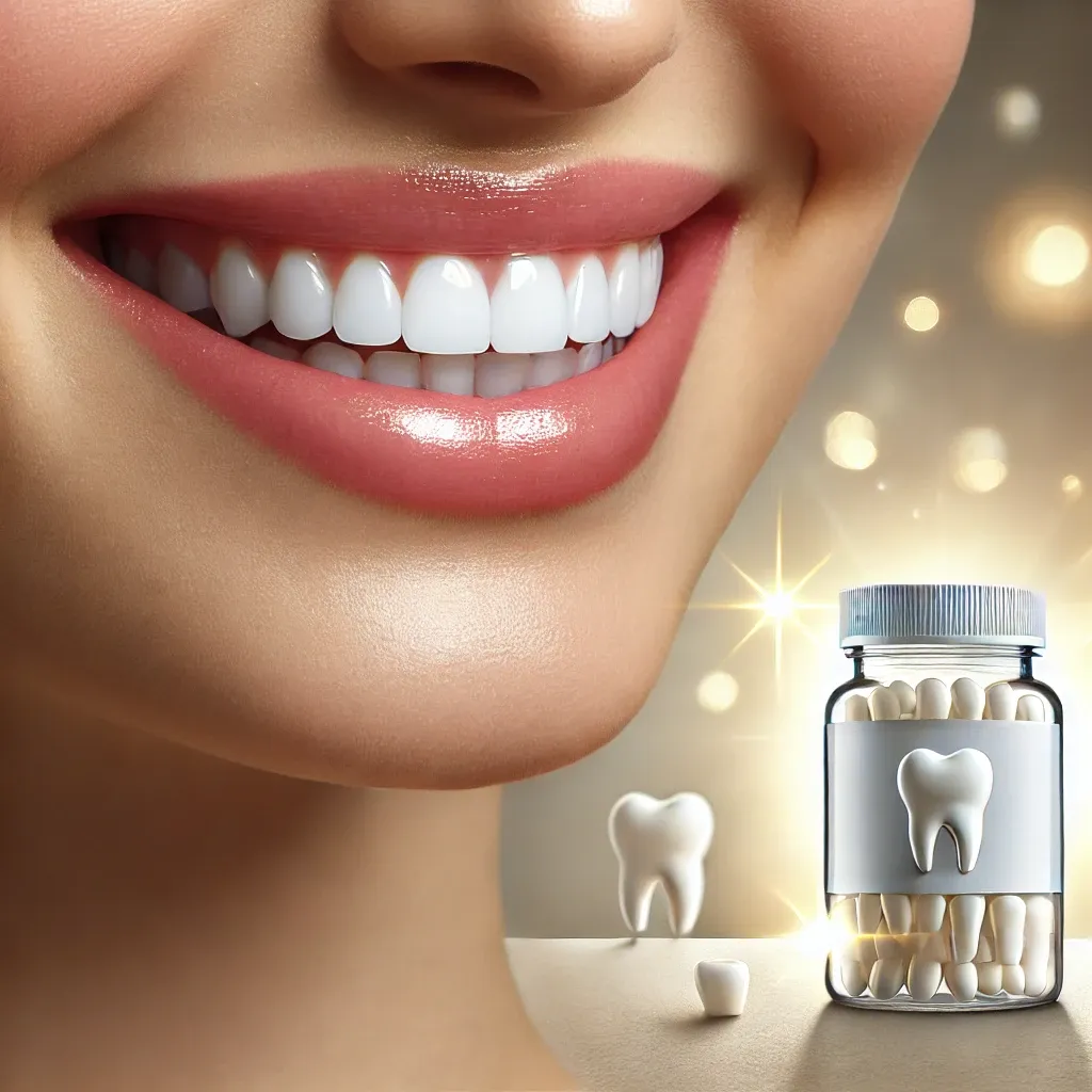 A close-up of a smiling person with bright, healthy teeth and gums, symbolizing the benefits of oral probiotics like ProDentim. A probiotic supplement bottle is subtly placed in the background.