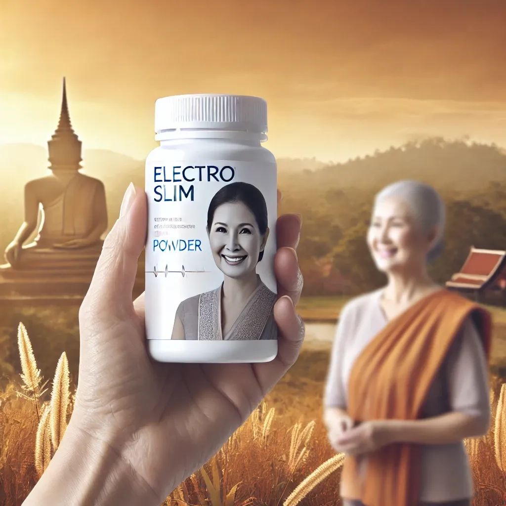 Middle-aged woman holding ElectroSlim powder in a natural setting.