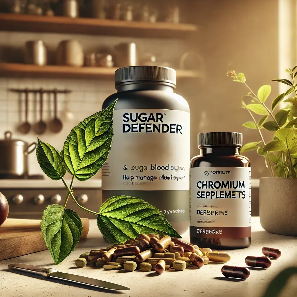 Sugar Defender components: Gymnema leaves, chromium supplements, and berberine on a countertop.