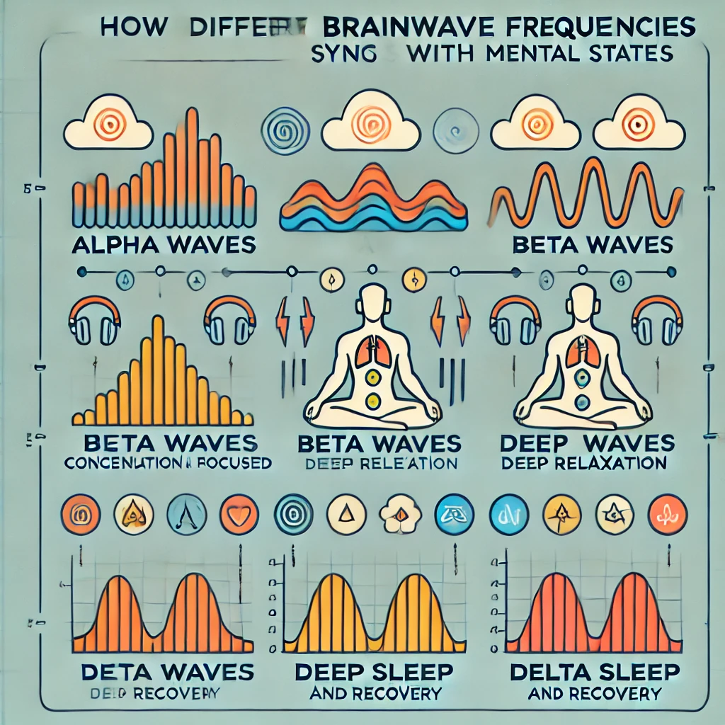 An infographic explaining how different brainwave frequencies, including Alpha (calm and focused), Beta (concentration and alertness), Theta (deep relaxation and meditation), and Delta (deep sleep and recovery), sync with mental states.