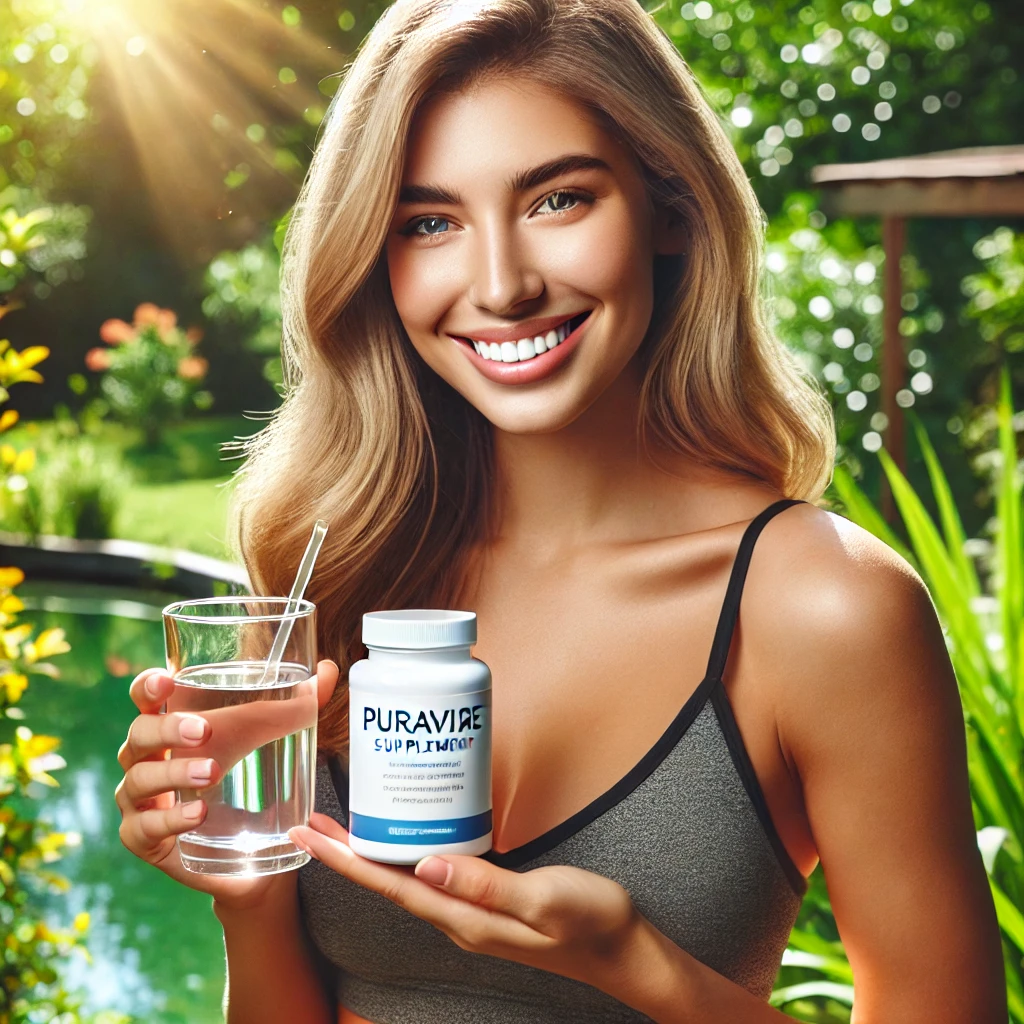 Woman holding Puravive supplement and water in a garden setting.