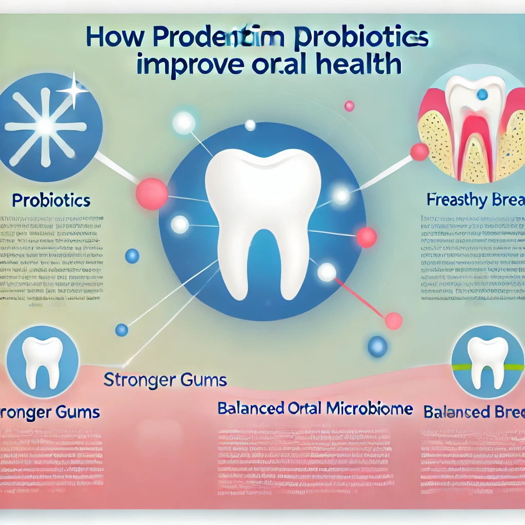 Infographic of ProDentim probiotics showing benefits like stronger gums and balanced oral microbiome.