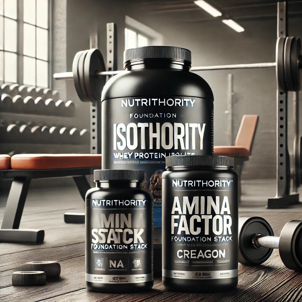 Nutrithority's Foundation Stack products, including Isothority (whey protein isolate), Amino Factor (BCAA supplement), and Creagon (creatine), placed on a gym bench with dumbbells in the background, highlighting muscle building and recovery.