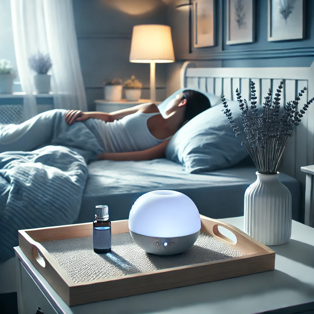 Serene bedroom scene with a bed, dim lighting, and lavender essential oil diffuser, creating a calm atmosphere for improved sleep.