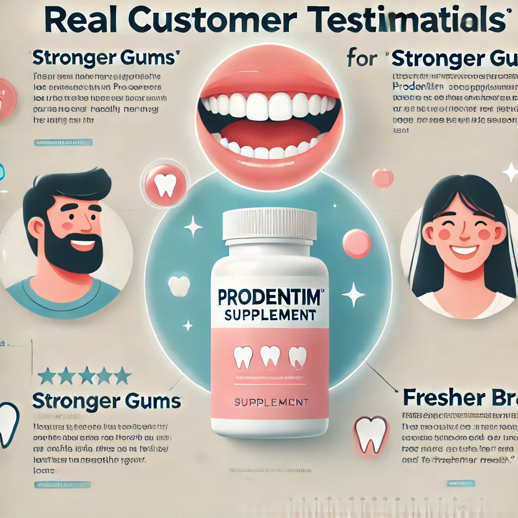 Infographic of ProDentim testimonials showing benefits like stronger gums and fresher breath.