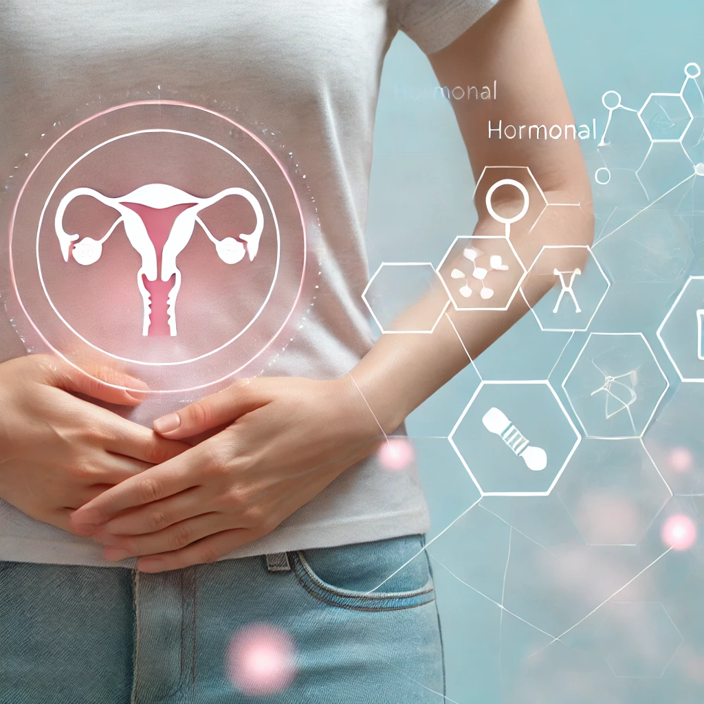 A woman holding her lower abdomen, symbolizing hormonal imbalance, with a hormone diagram in the background representing female hormones.