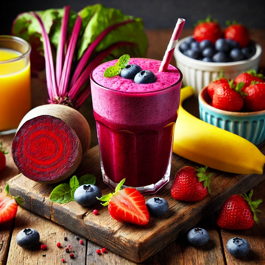 A beetroot and berry detox smoothie in a glass, surrounded by fresh ingredients like beetroot, strawberries, blueberries, and a banana on a wooden table.