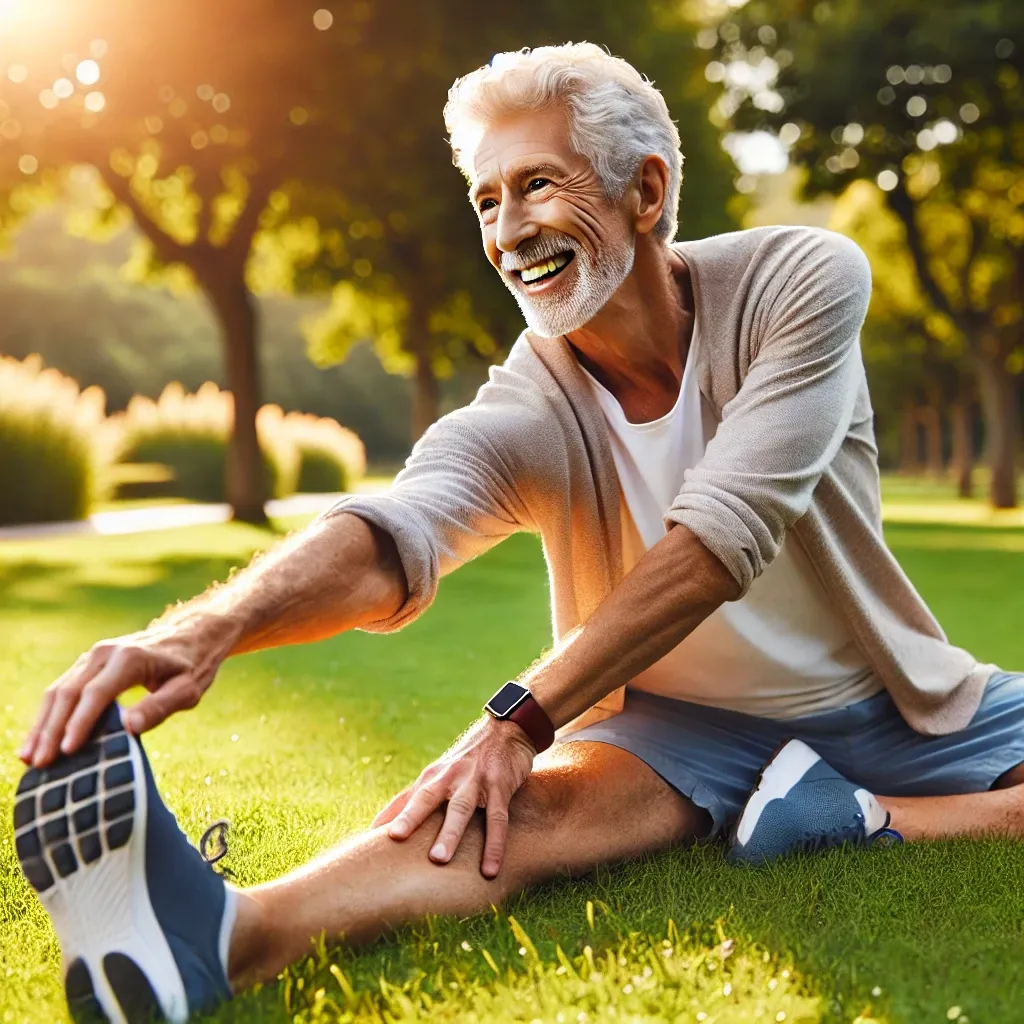 A vibrant, active older adult stretching their legs, with a joyful expression, enjoying flexibility and pain-free movement.