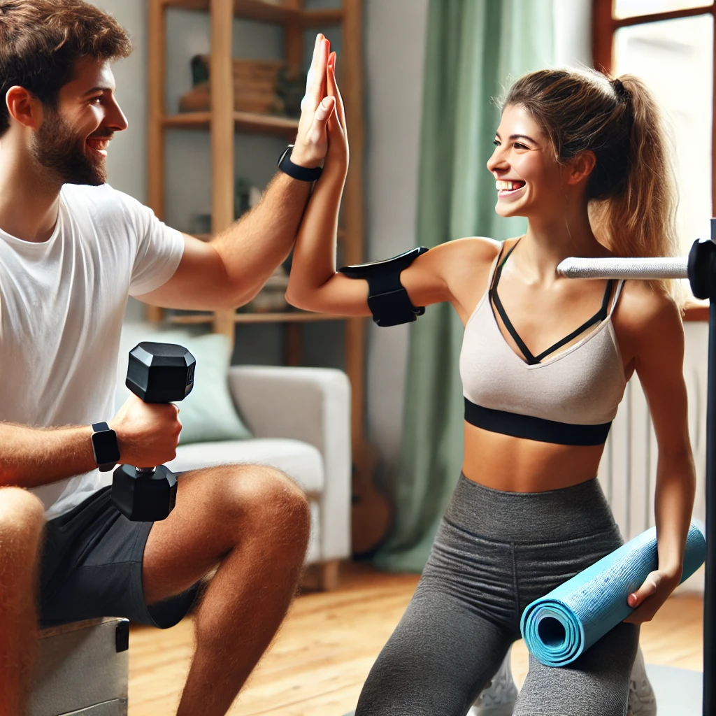 Two friends working out in a home gym, smiling and high-fiving with workout equipment nearby.