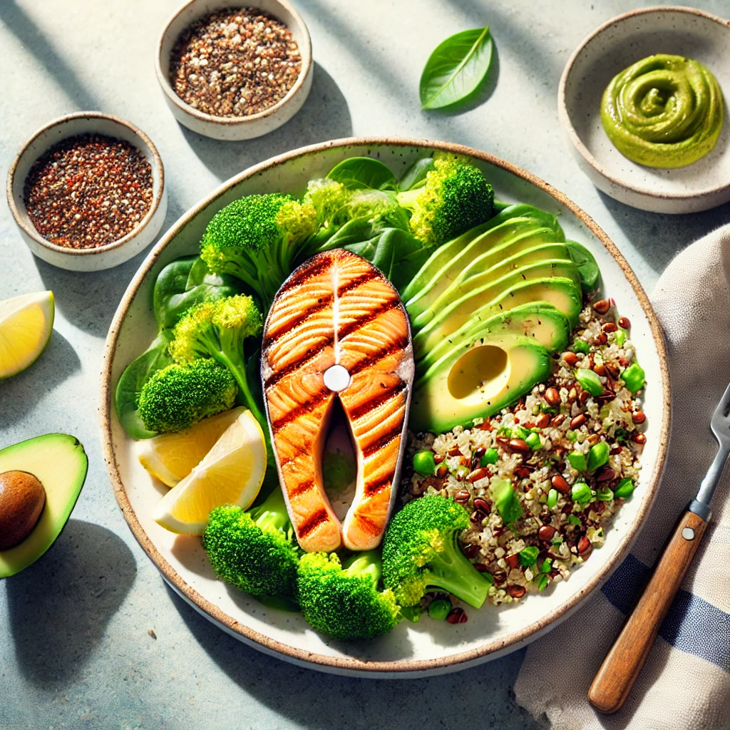 Balanced meal plate featuring grilled salmon, quinoa, steamed broccoli, and sliced avocado, arranged on a white plate in a sunlit modern setting.