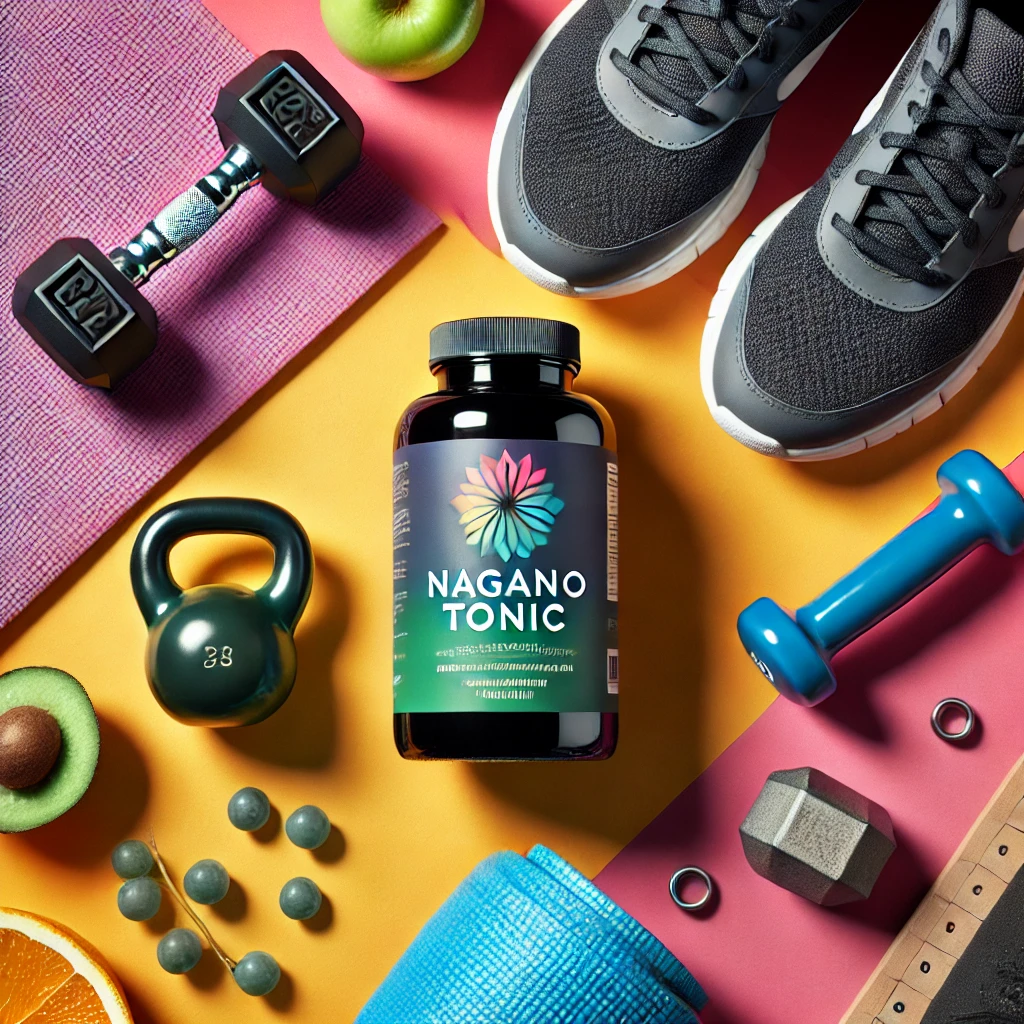 Nagano Tonic supplement bottle with workout gear like dumbbells and running shoes, symbolizing energy and metabolism boost.