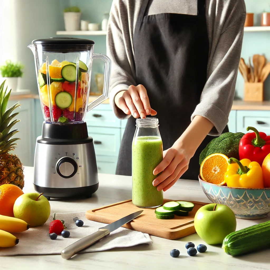 A person preparing a healthy smoothie in a bright kitchen with fresh fruits and vegetables, symbolizing health, hydration, and maintaining weight loss.