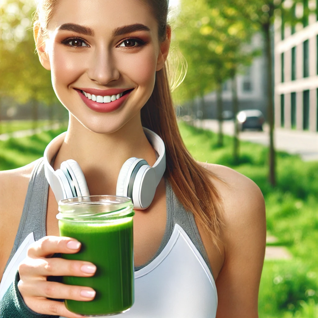 Woman holding a green smoothie, smiling after a workout