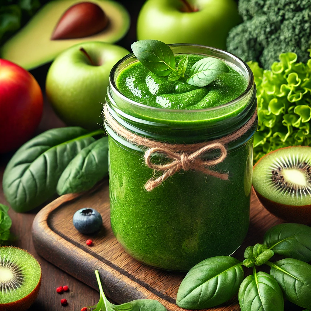 Close-up of a green smoothie with fresh fruits and leafy greens, representing sustainable health choices and natural detox.