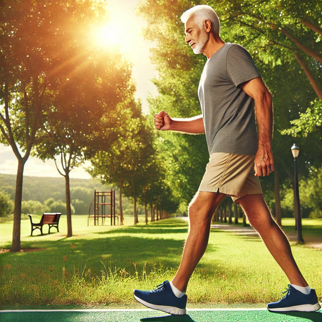 Senior man walking confidently in a park, showcasing improved muscle strength and mobility.