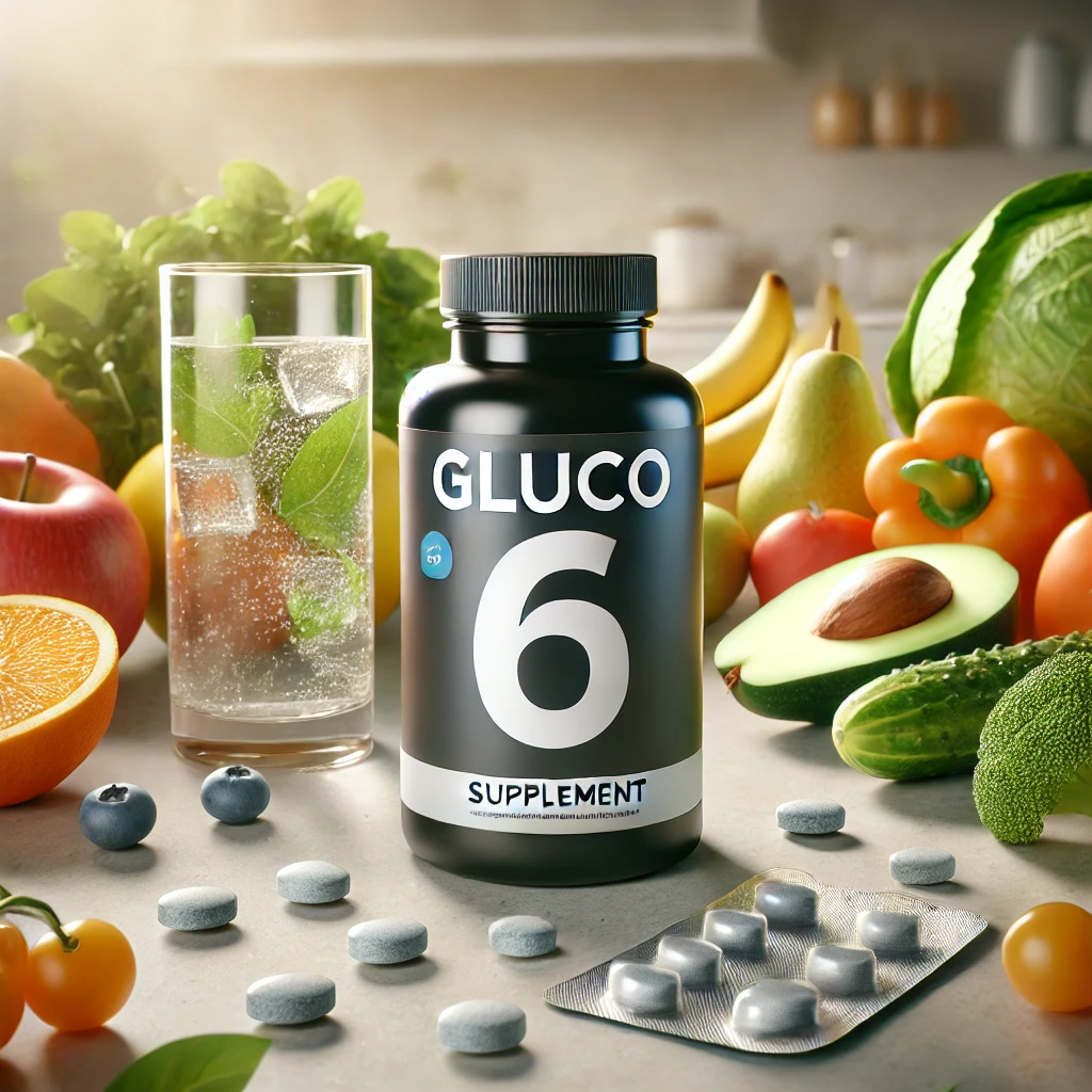 Gluco6 supplement bottle with fruits, vegetables, and water, representing natural glucose management.