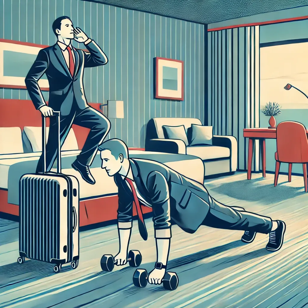 A business traveler doing push-ups and squats in a hotel room with a suitcase nearby.