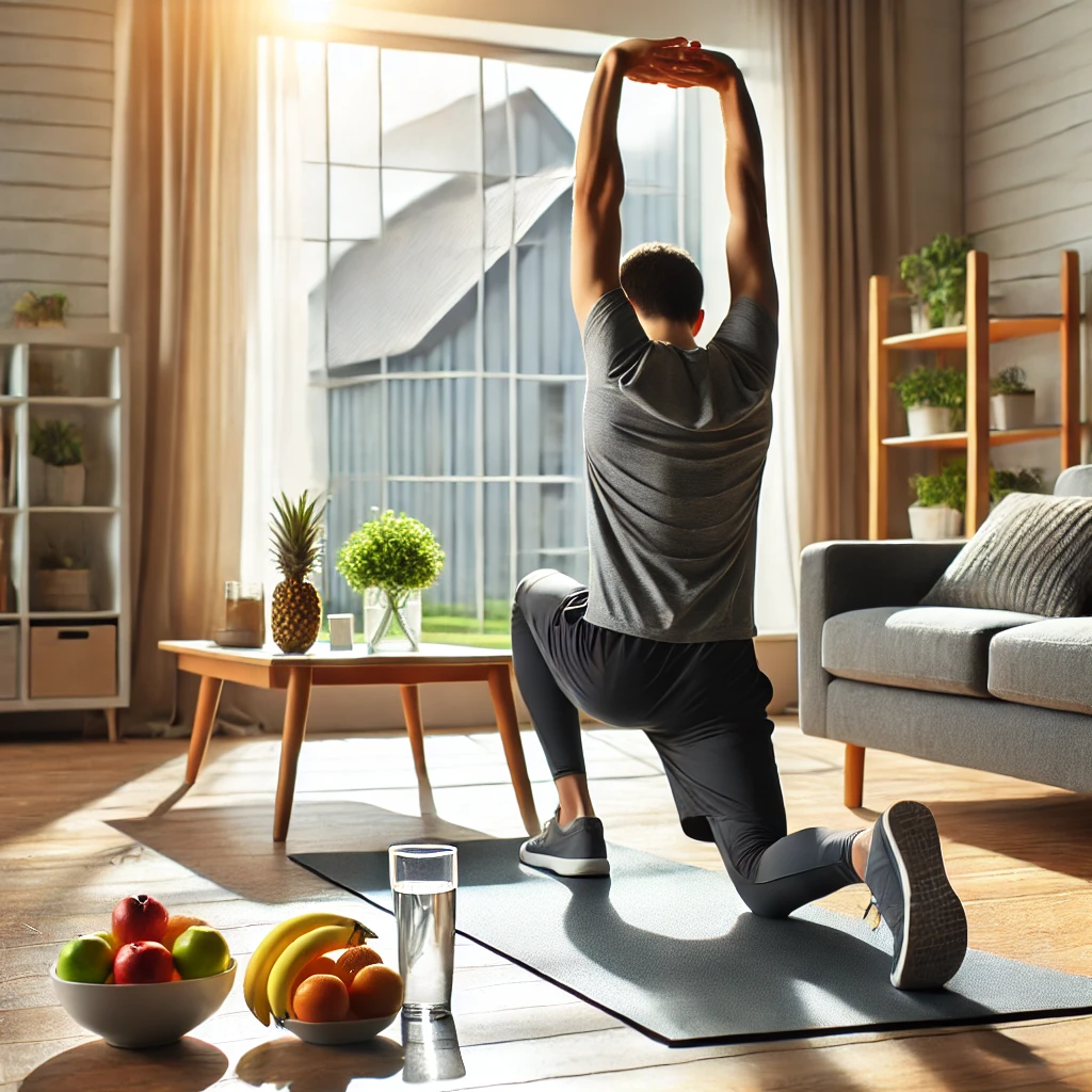 Person starting a morning weight loss routine with stretches on a yoga mat in a bright living room, with a glass of water and fresh fruits nearby.