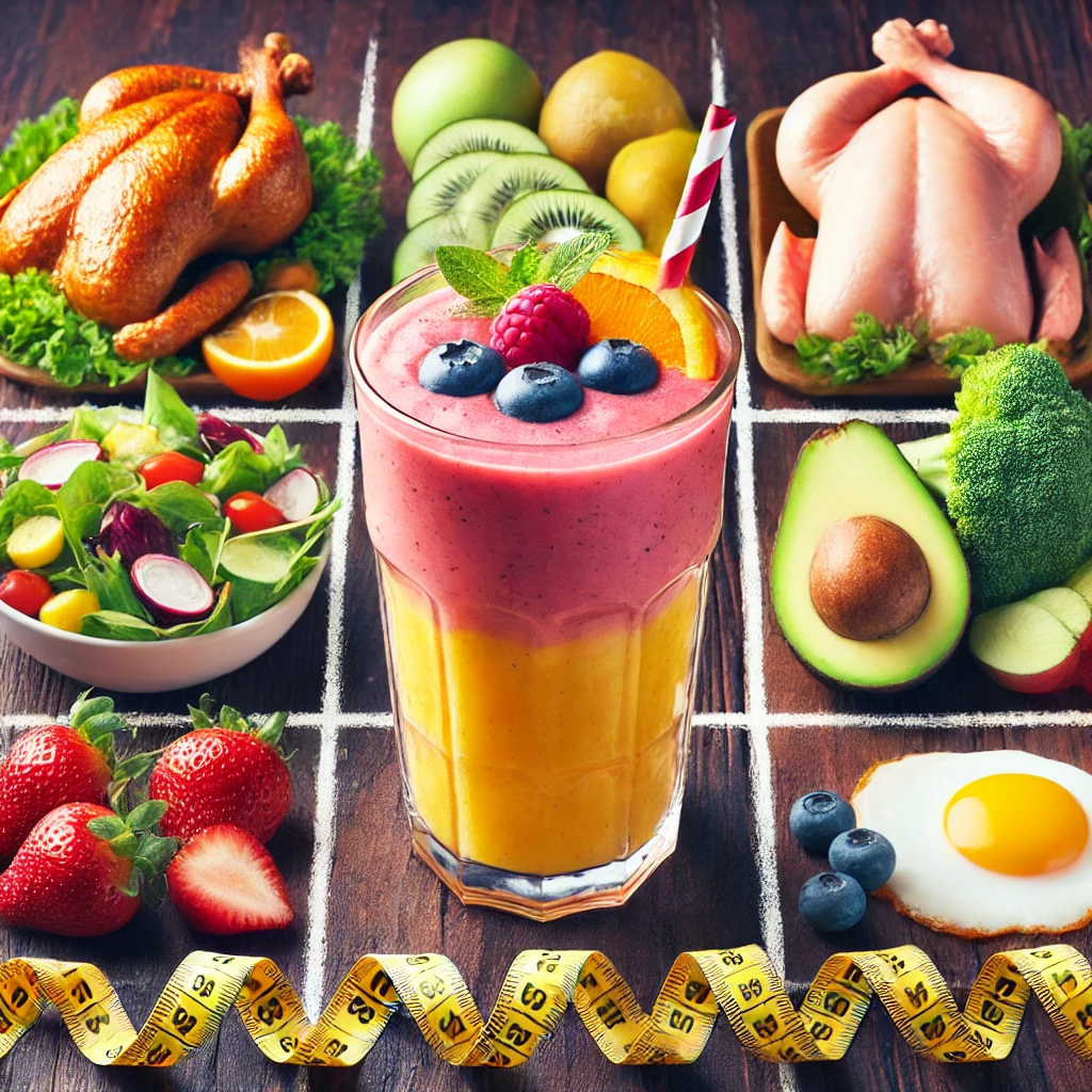 A glass filled with a vibrant fruit smoothie, with popular diet foods like chicken, salad, and eggs in the background, symbolizing different diets compared to the Smoothie Diet.