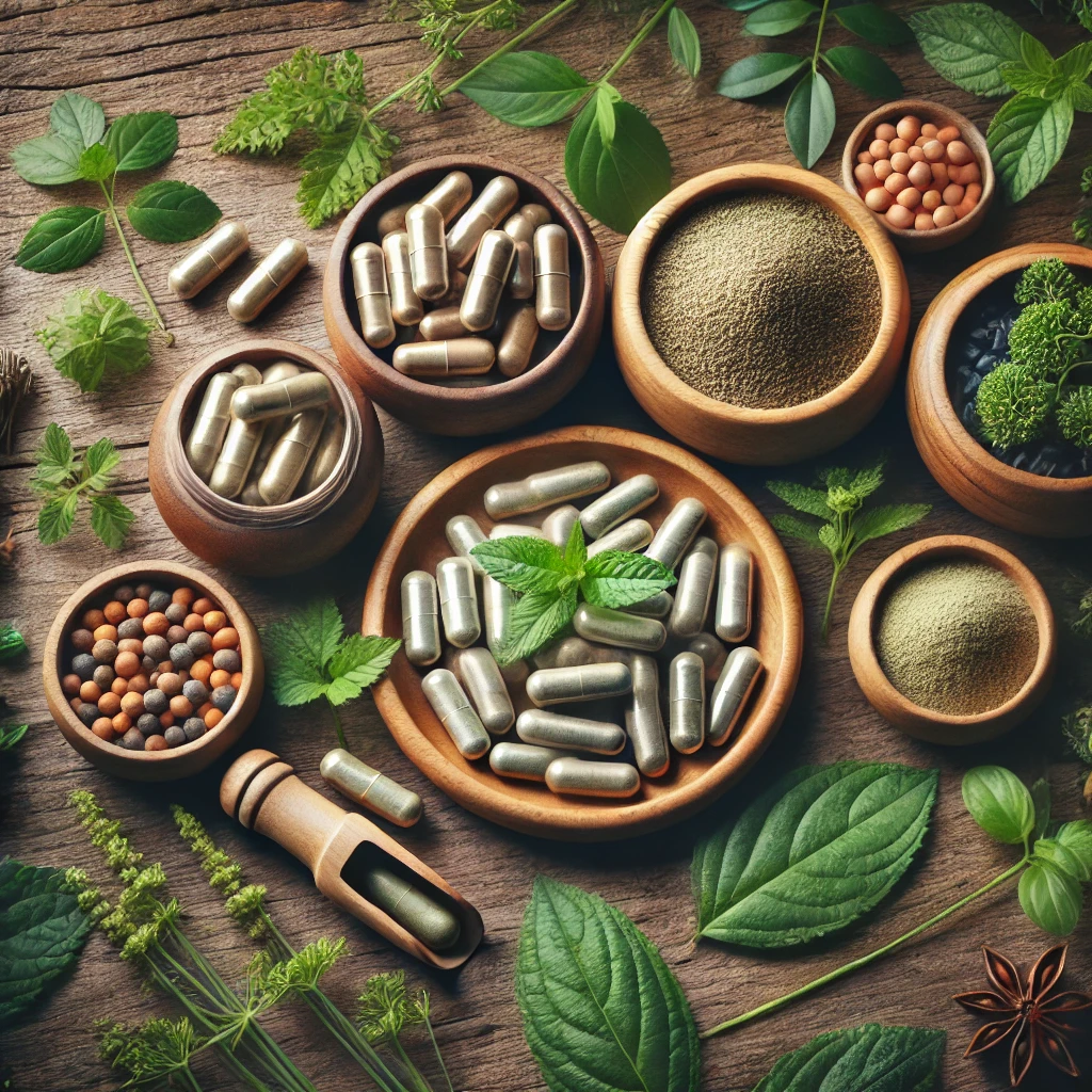 Herbal supplements in bowls with fresh leaves on a wooden surface, emphasizing natural health and balance.