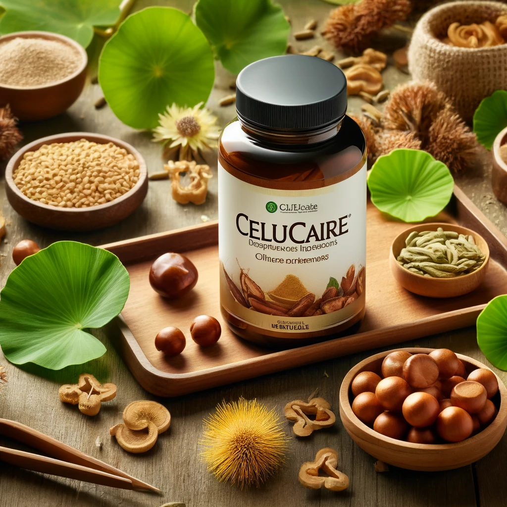 A bottle of Cellucare supplement on a table surrounded by natural ingredients like Horse Chestnut, Gotu Kola leaves, and Ginkgo Biloba, symbolizing benefits for circulation, energy, and skin health.