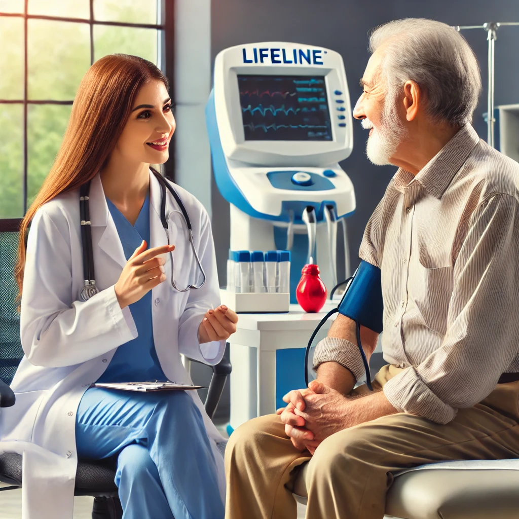 A person over 50 sitting in a Lifeline Screening clinic while a healthcare professional explains the screening process.