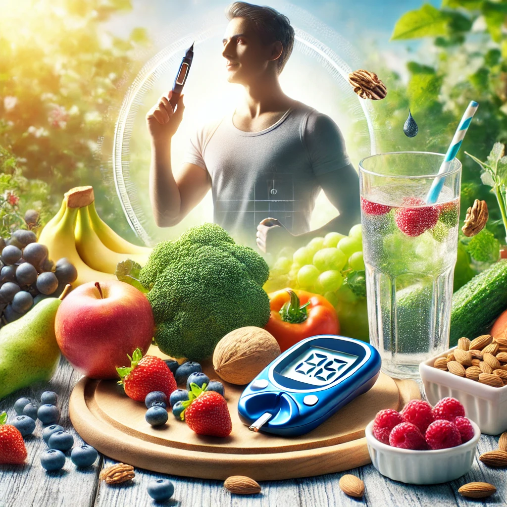 Person with energy and vitality surrounded by healthy foods like vegetables, berries, and nuts, symbolizing natural blood sugar management and wellness.