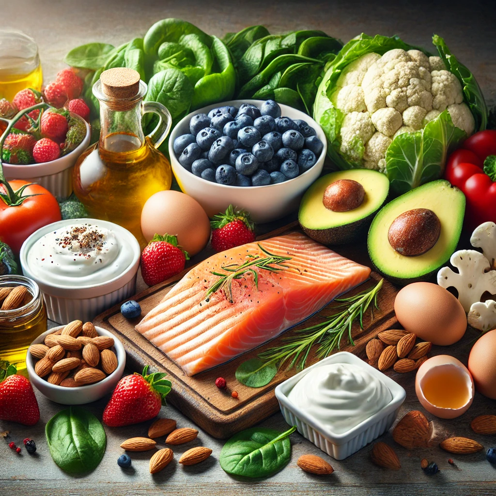 Vibrant display of top low-carb foods including grilled chicken, salmon, eggs, avocado, spinach, Greek yogurt, berries, almonds, cauliflower, and olive oil.