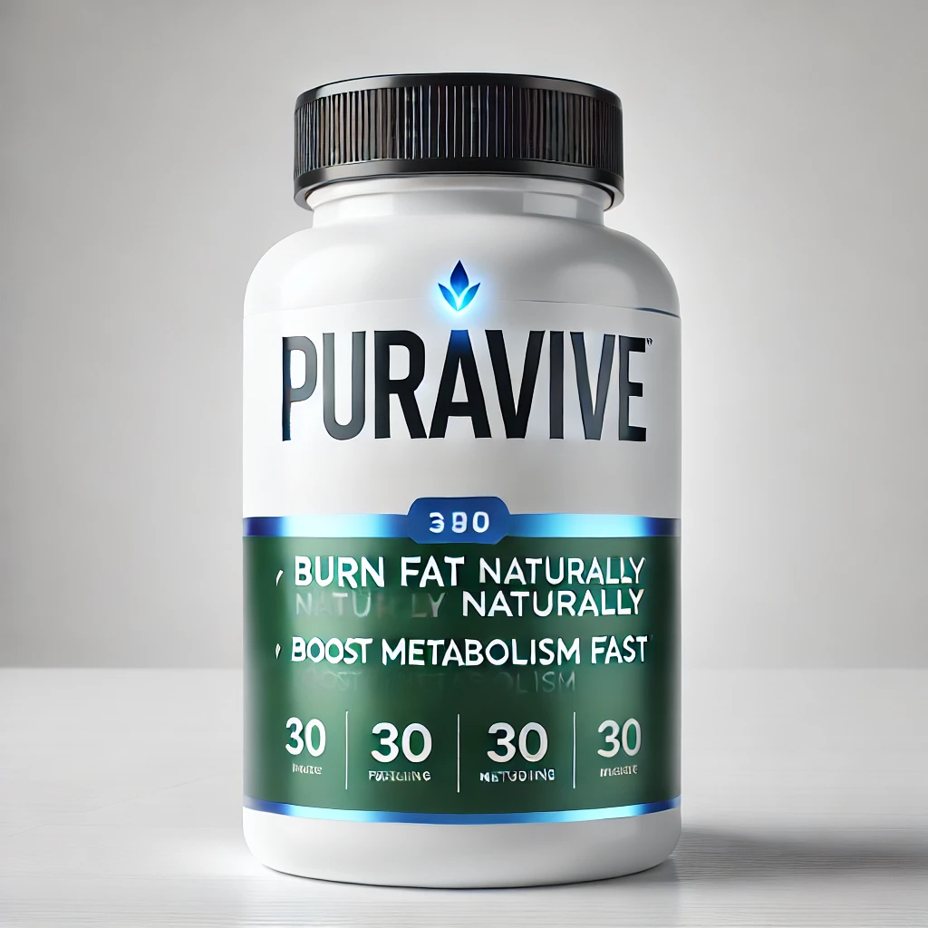 Puravive supplement bottle with a label showing 'Burn Fat Naturally' and 'Boost Metabolism Fast' on a white background.