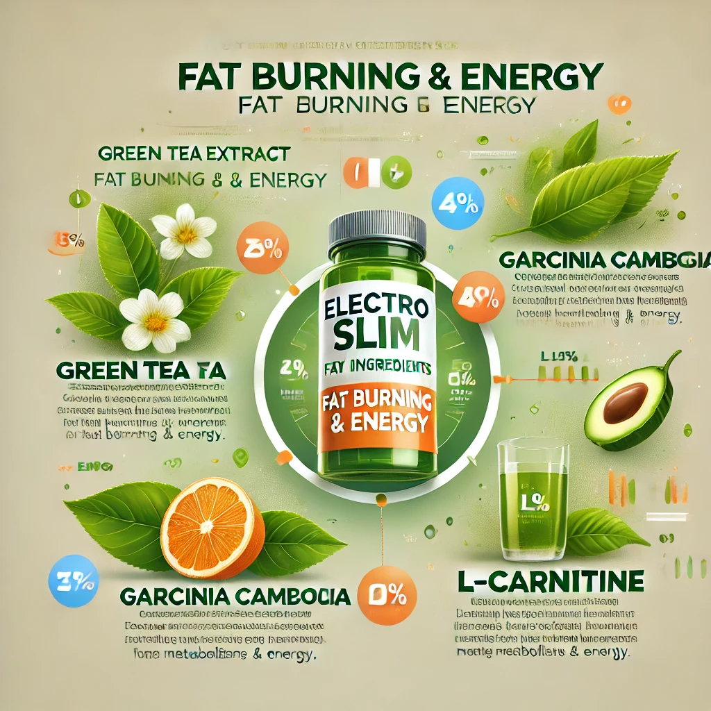 Infographic titled 'ElectroSlim Key Ingredients for Fat Burning & Energy,' featuring green tea extract, garcinia cambogia, and L-carnitine.