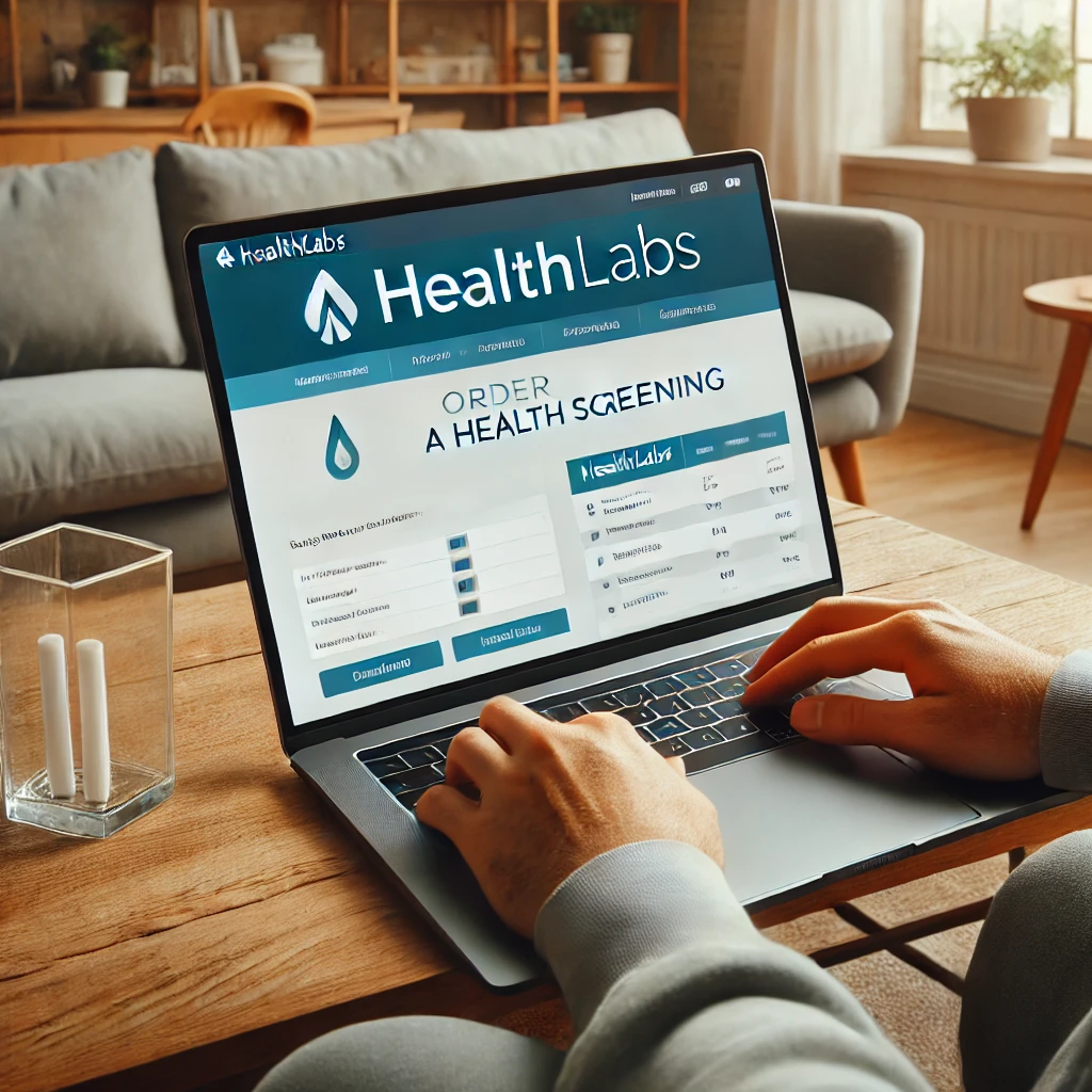 Person using a laptop to browse the HealthLabs website and order health screenings from the comfort of home.