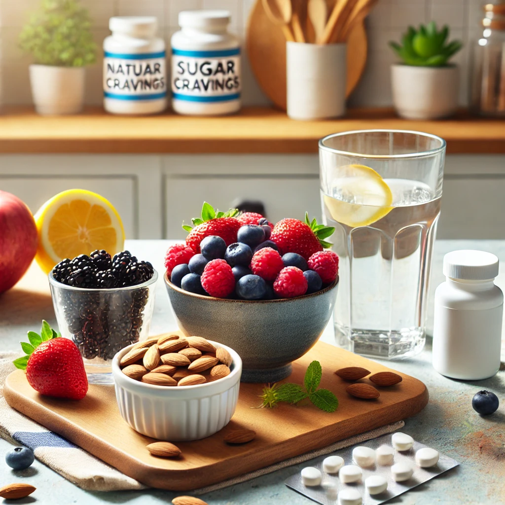 Colorful kitchen scene with natural options to manage sugar cravings, including berries, water with lemon, almonds, and a supplement container, symbolizing healthy alternatives.