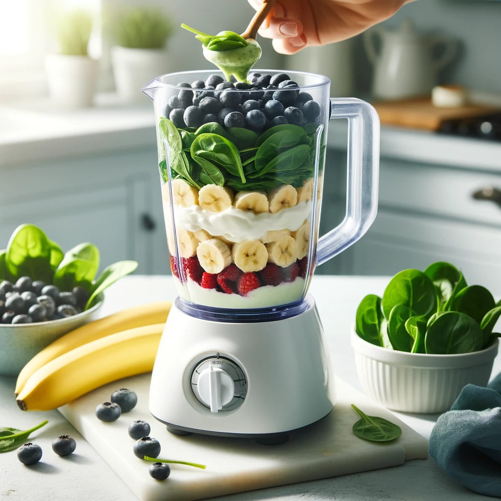 A smoothie being prepared in a blender, showing layers of ingredients like berries, spinach, bananas, and Greek yogurt.