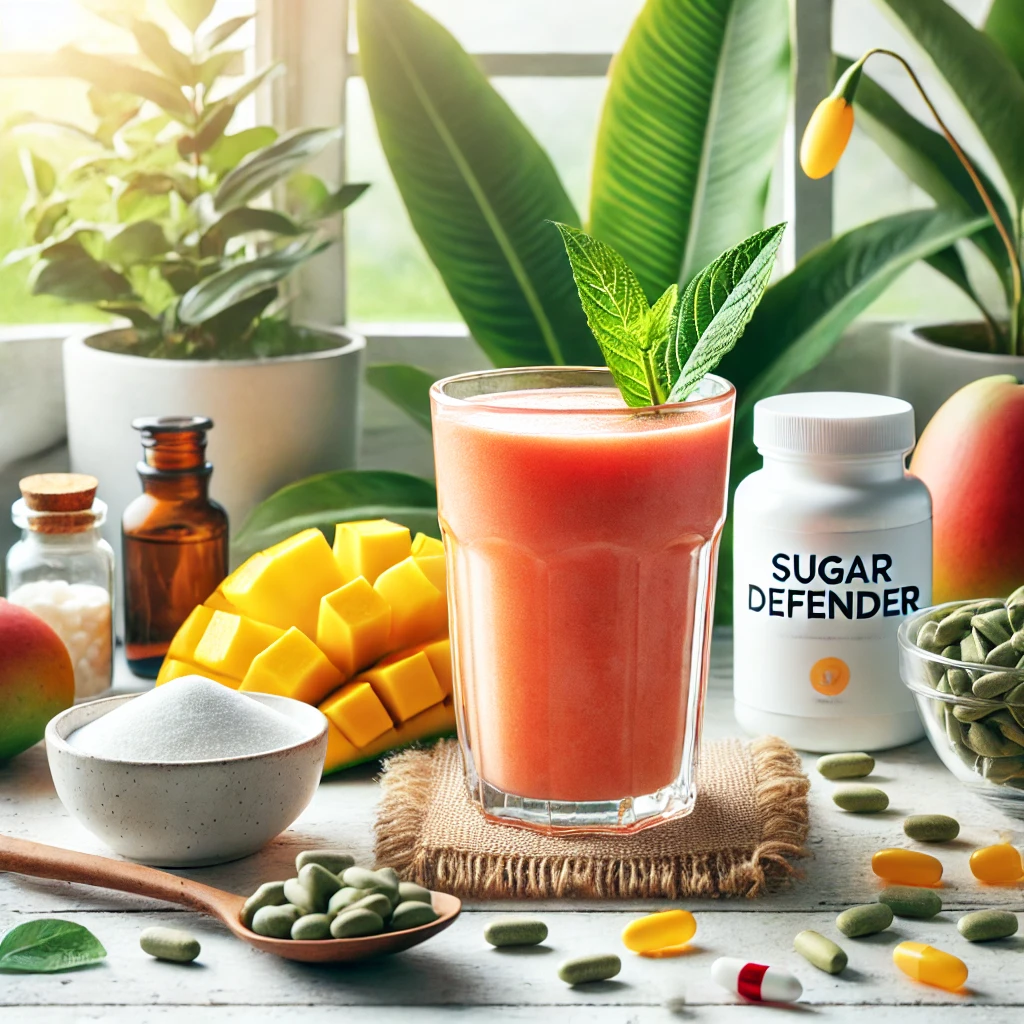 Healthy smoothie surrounded by African Mango, Gymnema Sylvestre, and Chromium supplements, promoting natural blood sugar management and wellness.