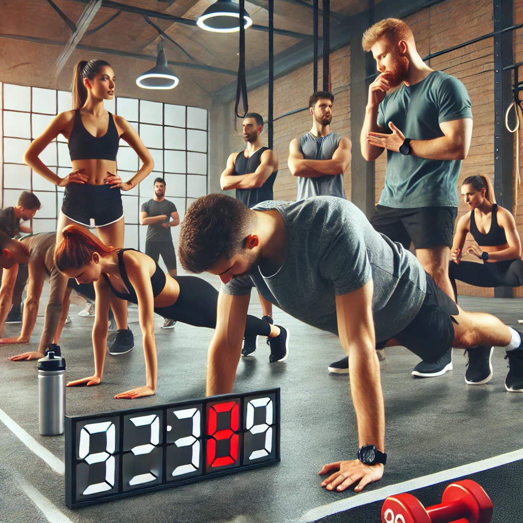 People in a gym fitness challenge doing push-ups, squats, and planks, with a countdown timer and supportive trainers