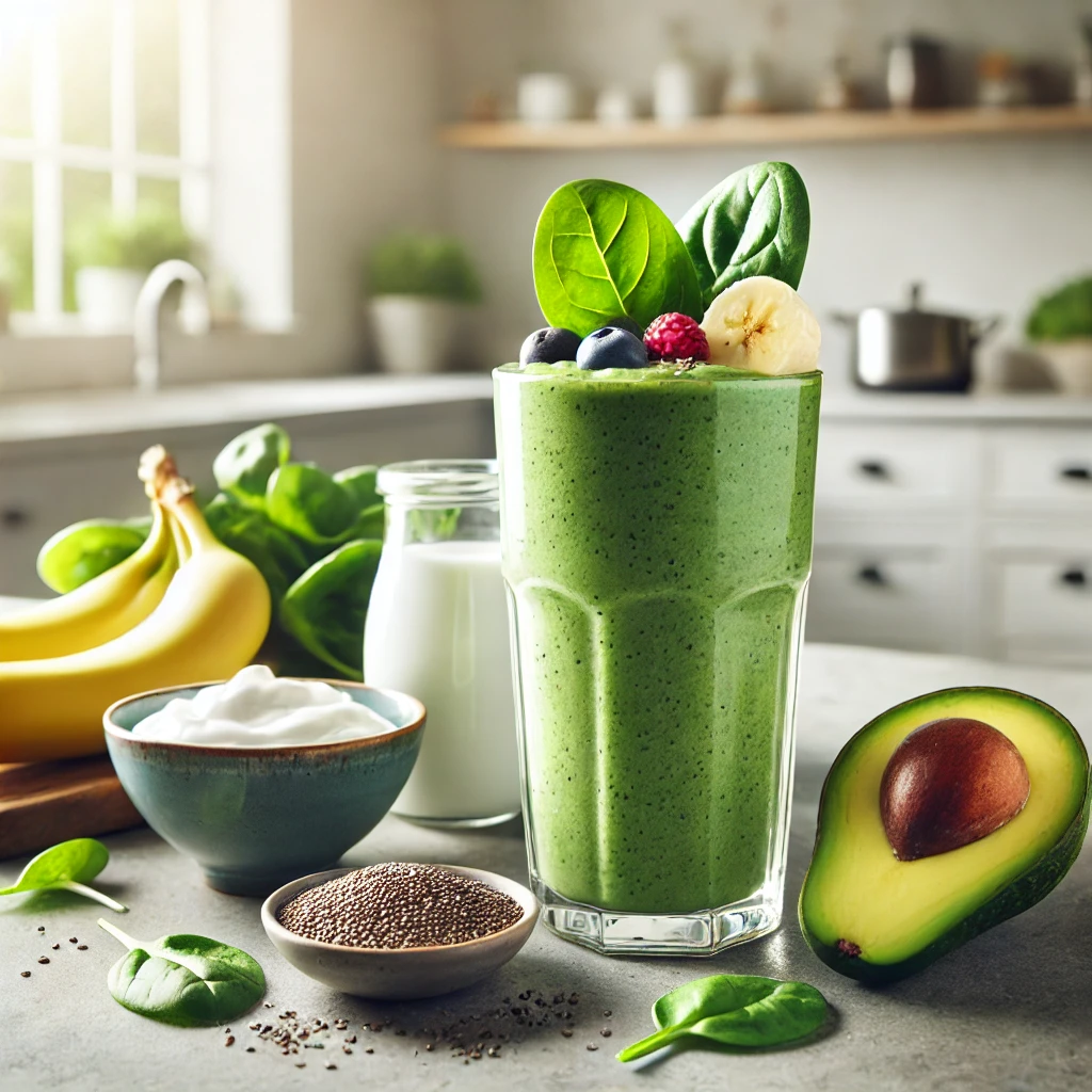 A green smoothie made with spinach, avocado, and banana, surrounded by chia seeds, Greek yogurt, and berries in a bright kitchen.