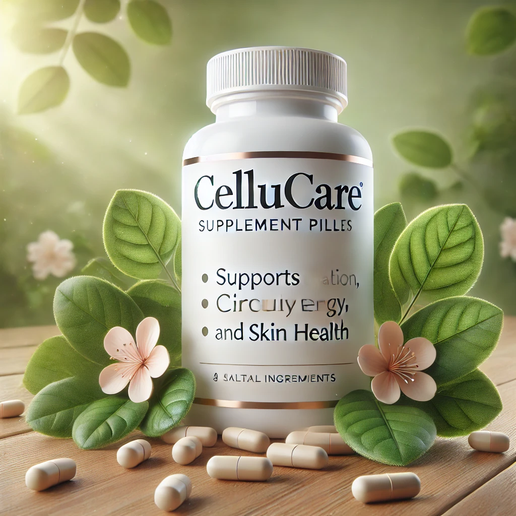 Bottle of Cellucare supplement pills with a natural background of soft green leaves, emphasizing its natural ingredients, with a few pills scattered nearby.