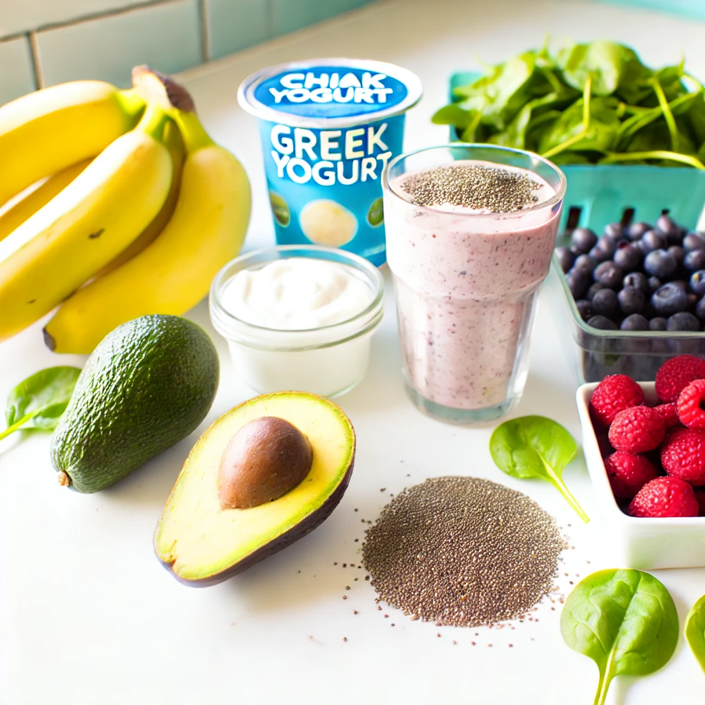 A variety of smoothie ingredients on a kitchen countertop, including spinach, bananas, berries, chia seeds, Greek yogurt, and an avocado.