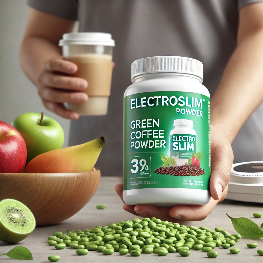 Person holding ElectroSlim powder with green coffee beans and fruit in the background