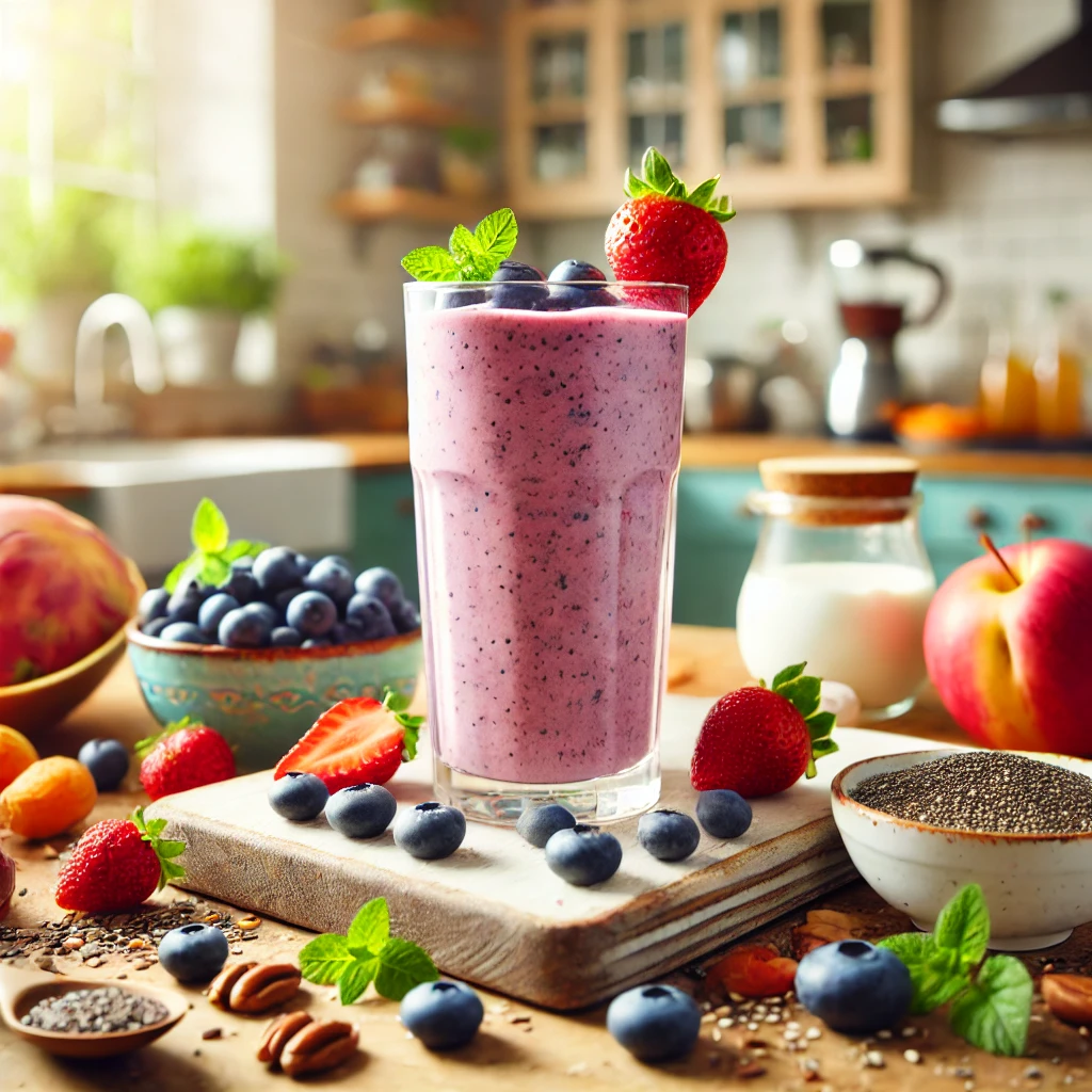 A berry smoothie in a tall glass surrounded by blueberries, strawberries, chia seeds, and Greek yogurt on a wooden countertop.