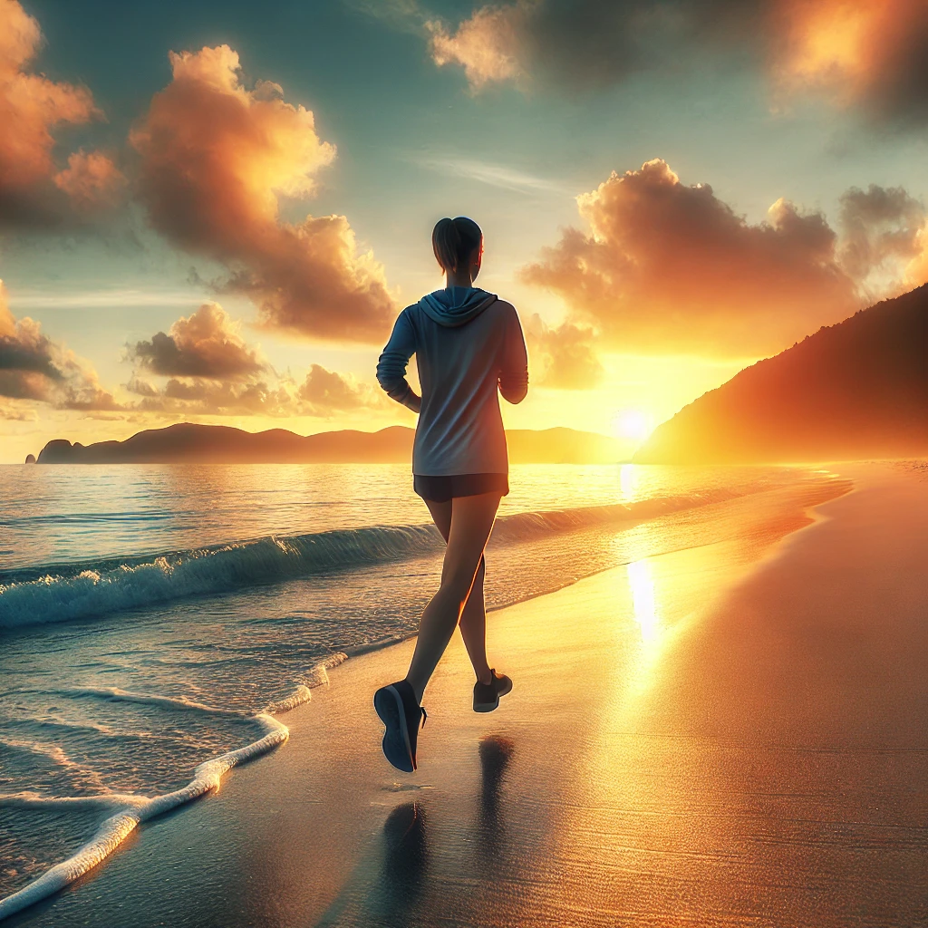 A person jogging along a beach at sunrise, with waves on the shore, highlighting the calm and health benefits of outdoor fitness.