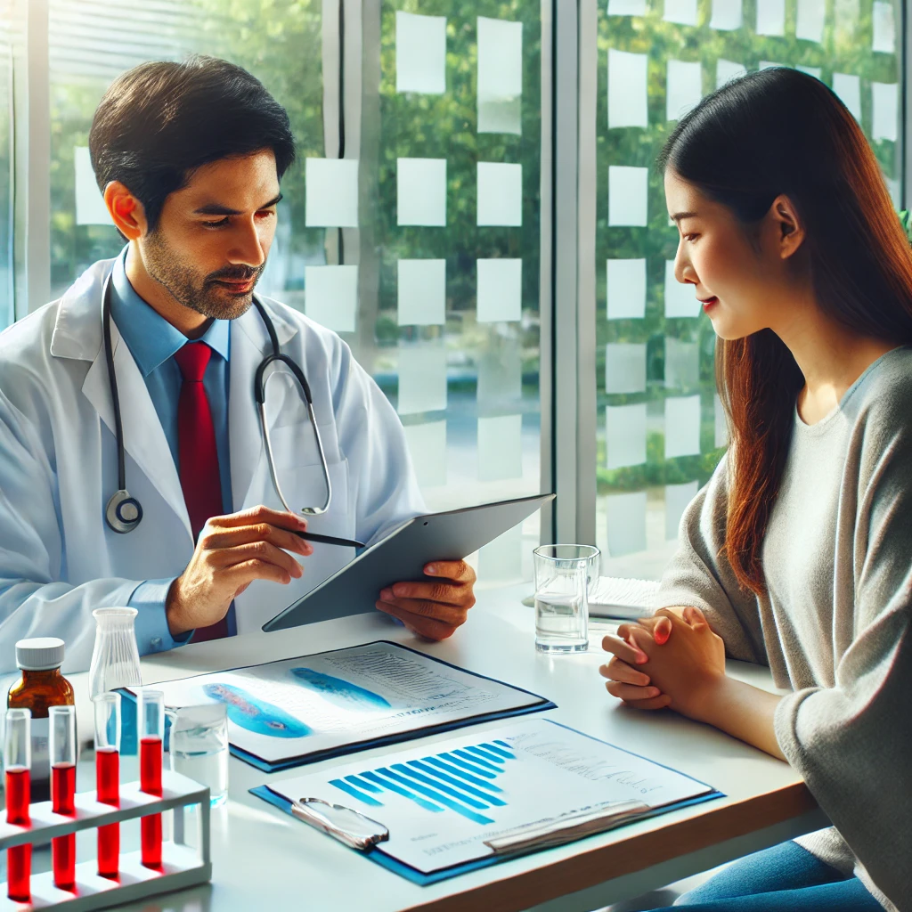 Doctor and patient reviewing health screening results on a tablet in a modern office.