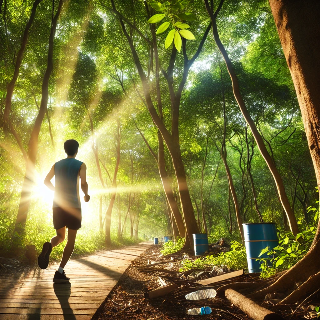 A person jogging on a nature trail surrounded by trees and sunlight, symbolizing eco-friendly fitness in harmony with the environment.