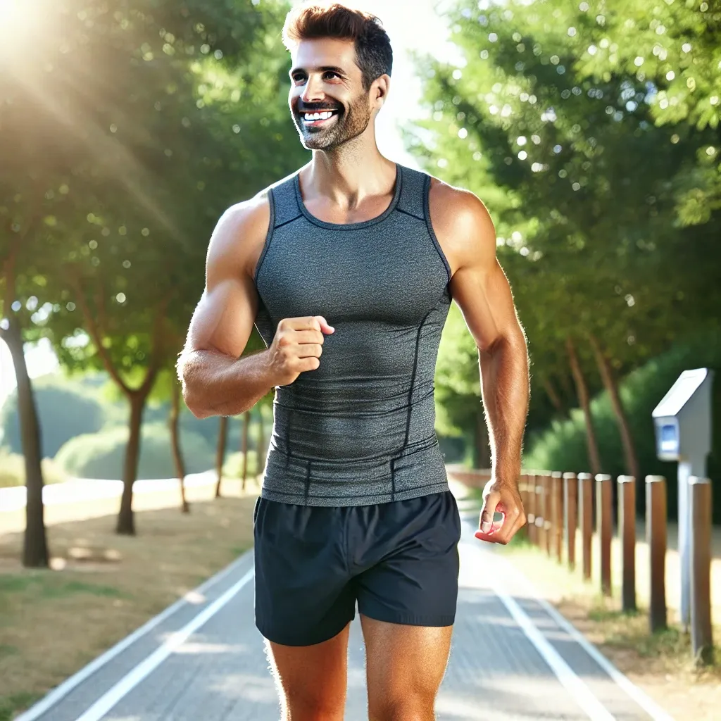 A fit man in his 40s jogging in a park, smiling and energized, showcasing his transformation after using a weight loss supplement.