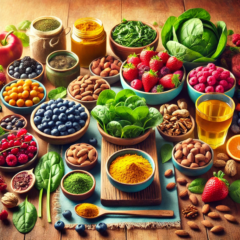 A vibrant display of functional foods including berries, leafy greens, nuts, green tea, turmeric, and kombucha on a wooden table.